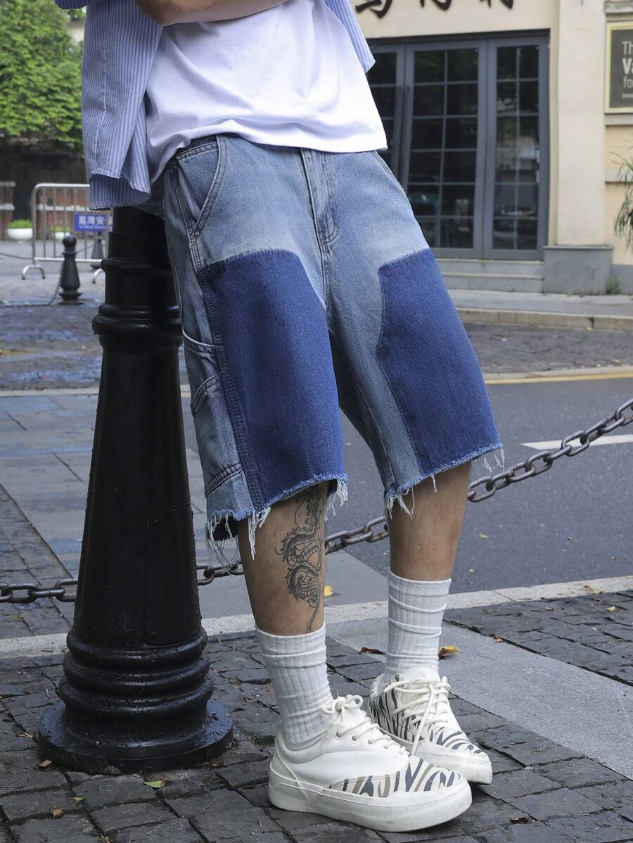 Pantalones cortos de mezclilla de pierna recta, jeans desteñidos con parches, conjunto de moda informal como regalo, adecuado para el verano