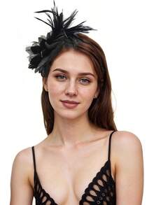 Fascinators Hats Women,Tea Party Fascinator Hair Clip With Feathers Wedding,Derby Hats Headbands - 款式1-黑色 - 查看 2