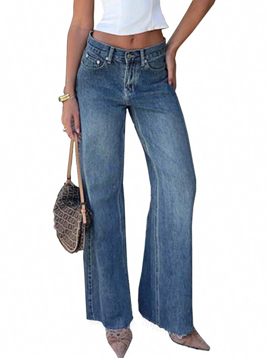 Women's Wide Leg High Waisted Raw Hem Loose Baggy Jeans Denim Pants - Màu xanh lam - Xem 1