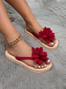 Ladies' Fashion Floral Peony Design Woven Sandals, Red, Flat Bottom Casual Beach Slippers With Straw Sole
