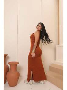 Women's Elegant Long Modal Dress, Plain, Sleeveless, V-Neck, Deep Slit, Shapes The Body, Fits Well, Without Transparency, Formal Dress, Casual Dress, Comfortable Dress, Sophisticated Dress, Chic Dress, Refined Dress, Bold Dress, Modern Dress, Casual Dress, Versatile Dress, Stylish Dress, Dress For Confident Women, Dress With Impeccable Fit, Dress That Lengthens The Silhouette, Dress With A Precise Fit, Dress That Shapes The Silhouette, Formal Dress, Timeless Dress, Practical Dress, Resistant Dress, Durable Dress, Dress With Freedom Of Movement, Delightful Dress To Wear, Dress To Feel Comfortable, Dress To Be Yourself, Dress For All Seasons, Autumn, Winter, Summer, Spring, Dress For Everyday Work, Meetings, Events, Cocktail, Dinner, Club, Party, Bar, Rodeo, June Festival, Dress With Great Cost-Benefit, Dress For Morning, Afternoon, Night, Dress That Matches With Jacket, Accessories, Sneakers, Boots, Heels, One Size Fits All, Fits 38 To 42, Launch 20 - Burnt Orange - View 3