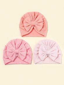 Set de 3 gorros de bebé recién nacido en unicolor, elásticos, con venda de moño - Multicolor - Ver 22