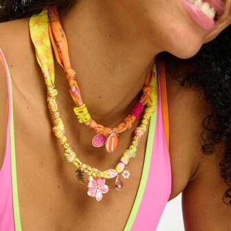 1pc Beach Vacation Leisure Style Colorful Ribbon Marine Life Tropical Flowers Palm Tree Shell Star Pendant Women's Necklace, Electroplated 18K Gold Waterproof And Sweat Proof, Suitable For Daily Wear And Use, Women's Jewelry, Women's Accessories, Suitable For Giving To Wives, Mothers, Girlfriends