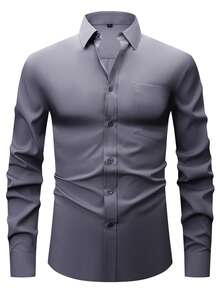 Men's Solid Color Button Down Shirt - Wrinkle Free Easy Care Casual Dress Shirt, Slim Fit Office & Daily Wear - Màu xám đen - Xem 2