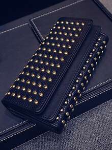 Fashionable Rivet Decorated Trifold Long Wallet, Versatile For Daily Use - Black - View 3