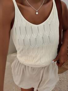 Women Simple Solid Color Sheer Mesh Texture Knitted Tank Top, For Daily Wear, Summer - Milky White - View 4