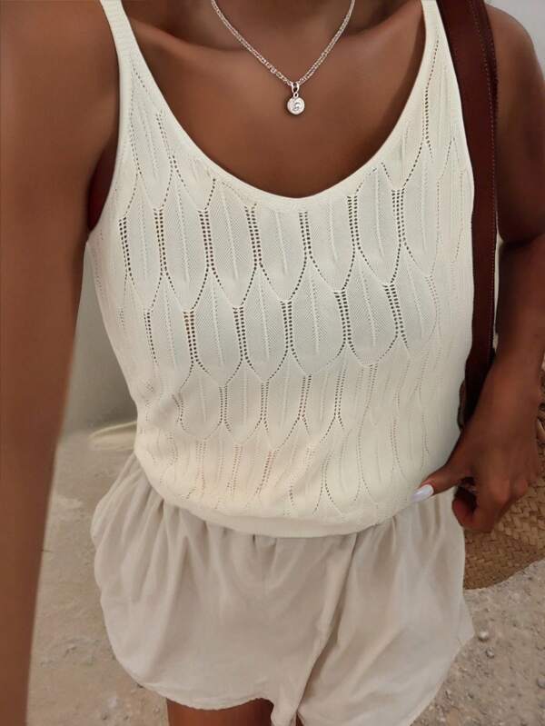 Women Simple Solid Color Sheer Mesh Texture Knitted Tank Top, For Daily Wear, Summer