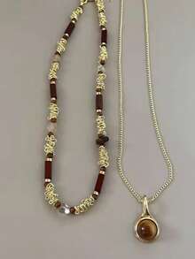 太阳星锆石项链女士复古皮革项链双层吊坠链颈链时尚珠宝 - 彩色 - 查看 11