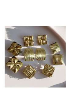 1 par / 5 pares Pendientes de acero de titanio chapados en oro de 18 quilates con textura geométrica de ola, pendientes minimalistas y exagerados de estilo europeo y americano