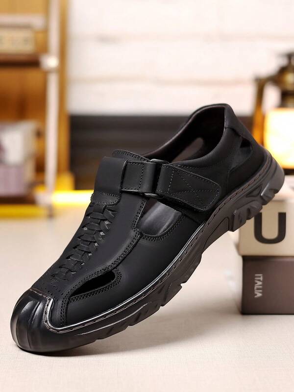 1 Pair Solid Color Casual Hollow-Out Faux Leather Sandals, Outdoor Summer
