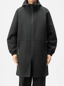 Plus Size Men's Solid Color Long Sleeve Hooded Long Jacket, Suitable For Autumn - Black - View 3