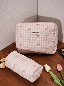 1 Piece Pink Plaid Cosmetic Bag, Bow Pattern, Girly Heart Design, Multifunctional Cosmetic Storage Pouch Portable Cosmetic Brush Clutch Bag With Zipper Closure, Ready For Lipstick