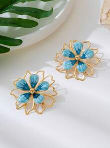 1 par de pendientes de mujer de estilo veraniego elegante con diseño de flor de 5 pétalos de estilo de gota de pintura degradada azul hueco y en capas