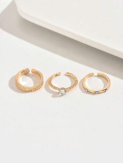 3 Stücke minimalistischer geometrischer Zirkonia Offener Ring Set, elegantes Design für den täglichen Gebrauch von Mädchen