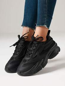 Women's Breathable Flat Sneakers Fashion Chunky Lace-Up Casual Comfortable Platform Sneakers Workout Sport Running Walking Tennis Shoes - màu đen - Xem 9