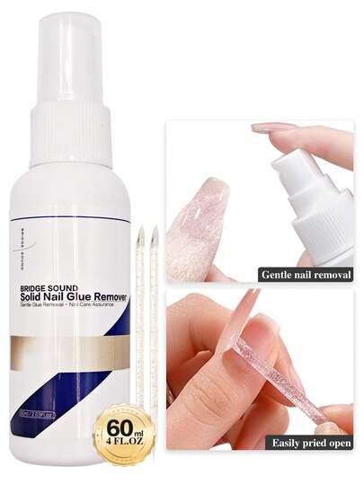 2 液盎司 BRIDGESOUND 固体指甲胶去除剂，轻松去除假指甲上的固体指甲胶凝胶，升级配方，温和不伤指甲，15 秒快速去除，温和适用于天然和人造指甲、丙烯酸树脂、按压式指甲 - 不损伤指甲护理，含水晶棒