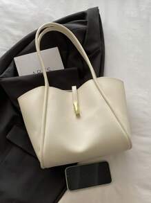 1pc Solid Color Metallic Decoration PU Leather Large Capacity Snap Button Minimalist Fashion Shoulder Tote Bag, Suitable For Women's Daily Use