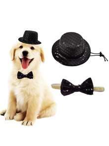 1 Set Party Jazz Hat And Bow Tie Suit, With Shiny Bow Tie, Adjustable Headband, Suitable For Cats, Small Dogs, Puppies - Black - View 1