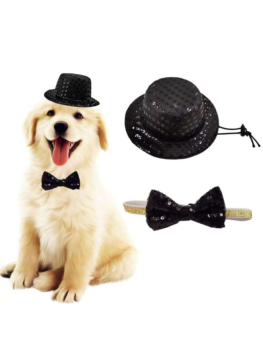 1 Set Party Jazz Hat And Bow Tie Suit, With Shiny Bow Tie, Adjustable Headband, Suitable For Cats, Small Dogs, Puppies - Black - View 1