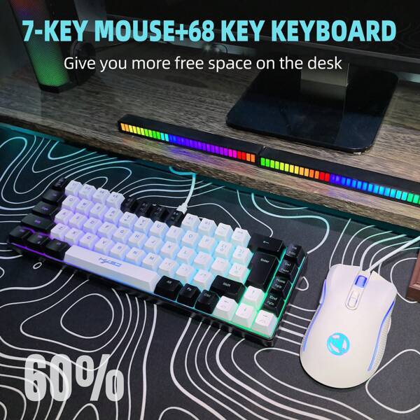 Miniteclado compacto con cable y 68 teclas iluminadas RGB + ratón para juegos con iluminación de colores de 6 teclas, hilo tejido. Teclado portátil para juegos (60 % pequeño) + ratón ergonómico, diseñado para uso en la oficina por jugadores y mecanógrafos. Compatible solo con cable.