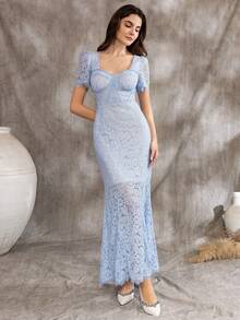 蓝色花卉蕾丝中长连衣裙优雅办公室春夏女装 - 藍色 - 查看 6