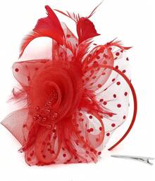 Ibeauti Fascinator Hats With Screentouch Lace Gloves Set Women Tea Party Cocktail Wedding Derby Headwear Short Gloves - 02 Red - 查看 6