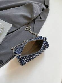 Women's Denim Studded Star Chain Bucket Bag, Elegant Lady Style Crossbody Bag For Party, Casual, Sweet Girl