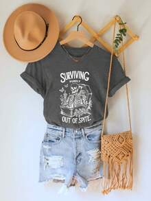 Women's Summer Floral Skull Pattern Print Round Neck Short Sleeve Simple Casual Daily Plus Size T-Shirt Tops - Dark Grey - View 4