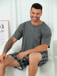 2pcs/Set Oversized Men's Casual Loose Pocket Round Neck Short Sleeve Plaid Shorts Pajama Set, For Spring/Summer Loungewear