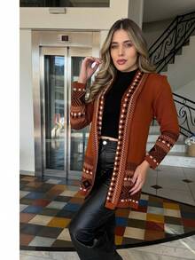 Women's Checkered Kimono Cardigan Teddy Coat Long Sleeve Open Front Elegant Striped Argyle Cute Boho Casual Chic Sexy Wool-Like Fabric Textured Daily Airport Wear Birthday Party Formal & Evening Holiday - 駝色 - 查看 2