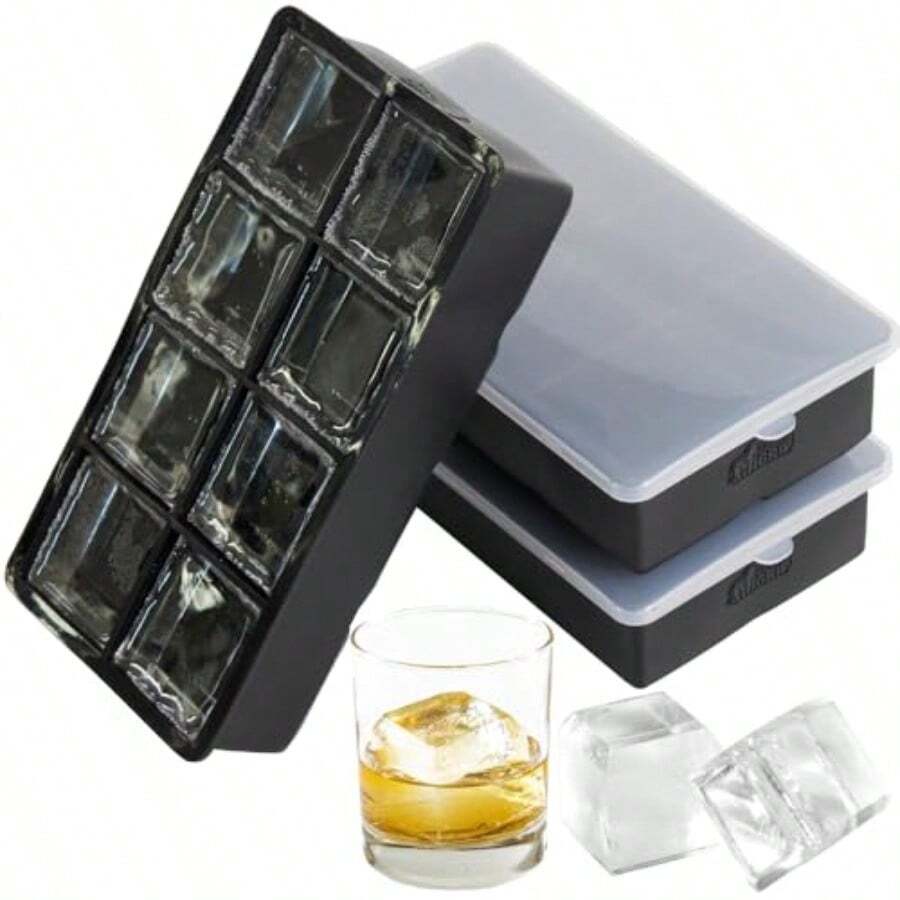 CZSlow Melting Large Silicone Ice Cube Tray For Freezer 2 Pack Easy To Push 8 Giant Square Cubes Use For Cocktails Iced Coffee Water Bottle Frozen Puree Kitchen Bar Essentials Black2216 - 黑色 - 查看 1