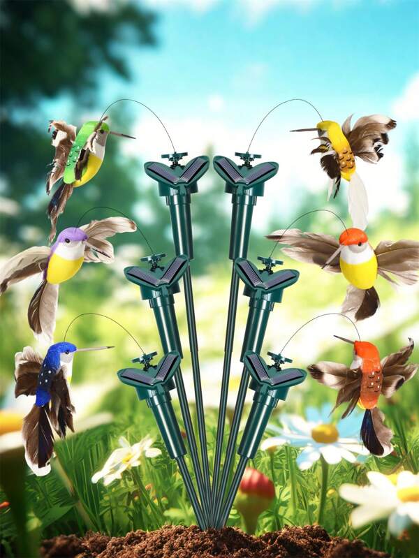 6pcs Creative Simulated Solar Hummingbird Garden Decoration Stakes, Outdoor Decoration Ground Plugs, Solar Power Supply, Energy Saving, No Battery, Can Be Powered By No. 7 Batteries, Electric Hummingbird Decoration, Suitable For Landscape Decoration Of Gardens, Terraces, Manors, And Flower Beds