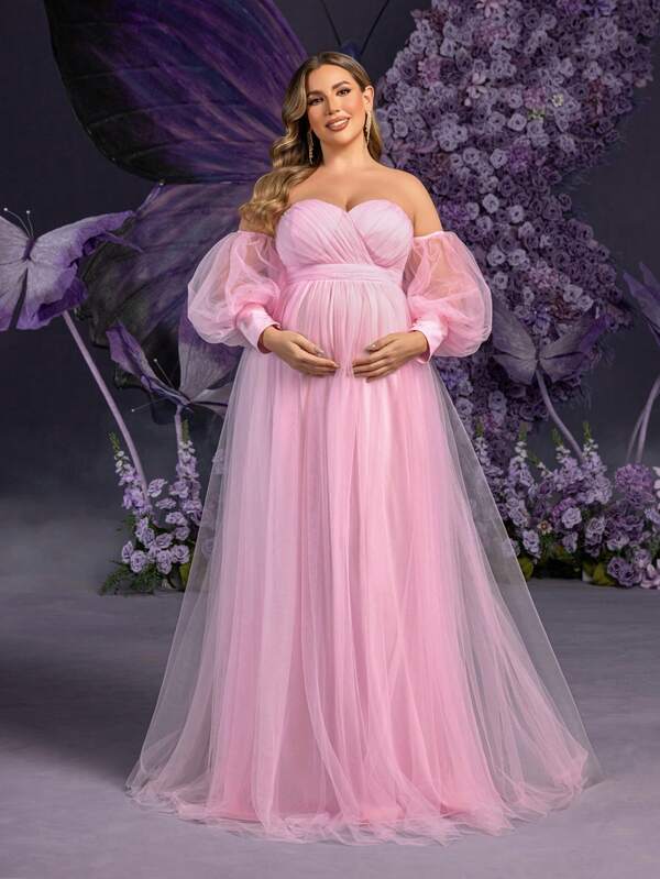 Faeriesty Abito da sera lungo con spalle scoperte, maniche a campana e gonna in tulle oversize di Dressalisa, per donne in gravidanza di taglia grande - Elegante abito da cerimonia per gravidanza per feste stagionali e occasioni speciali