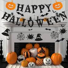 Halloween Banner, Happy Halloween Banners With Halloween 3D Bats Stickers, Horror Pumpkin Witch Hat Spider Halloween Decorations Hanging Bunting For Halloween Party Supply Indoor Outdoor Home Yard