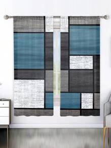 2pcs/Set Seamless Wood Grain Textured Wood Laminate, Geometric Digital Printing Sheer Curtains For Living Room, Bedroom, Outdoor, Semi-Transparent Curtain Home Decor