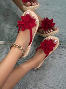 Ladies' Fashion Floral Peony Design Woven Sandals, Red, Flat Bottom Casual Beach Slippers With Straw Sole
