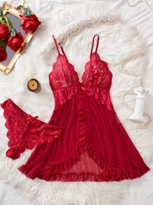 Conjunto de lencería de 2 piezas para mujer con camisola de encaje rojo de Navidad, contraste de malla transparente y volantes con dobladillo festoneado - Burdeos - Ver 7