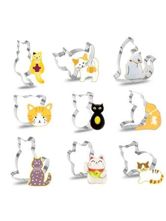 9pcs Stainless Steel Cat Shaped Cookie Cutter & Mold Set, DIY Print Baking Cake Mousse