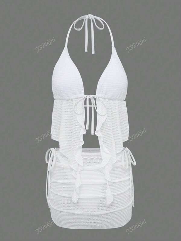 Women's Summer Beach Vacation Spaghetti Strap Backless Sexy Solid Color Special Fabric Side Tie Bikini 3 PiecesSwimsuit Set