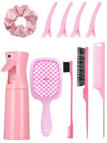 1/10pcs Silicone Scalp Massage Brush Set, Including 1pc 200ml High Pressure Continuous Spray Bottle, 3pcs Hair Styling Brushes, 1pc Large Hair Scrunchie, 4pcs Bangs Clips. Suitable For Salons, Barbershops, Home And Travel Use, Fits All Hair Types, Crafting Perfect Hairstyles