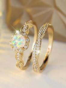Vanel 2pcs Fashionable Luxurious Encrusted Round Synthetic Opal Edge Square Cubic Zirconia Rings, Stackable Rings, Suitable For Daily Wear & Parties - 2-piece Set - View 12