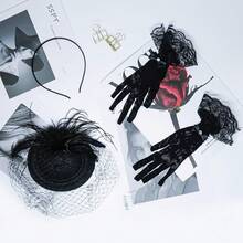 20s 50s Pillbox Derby Fascinator Hat Fascinators Hair Clip Wedding Tea Party Hat And Short Lace Gloves Women - 黑色 - 查看 5