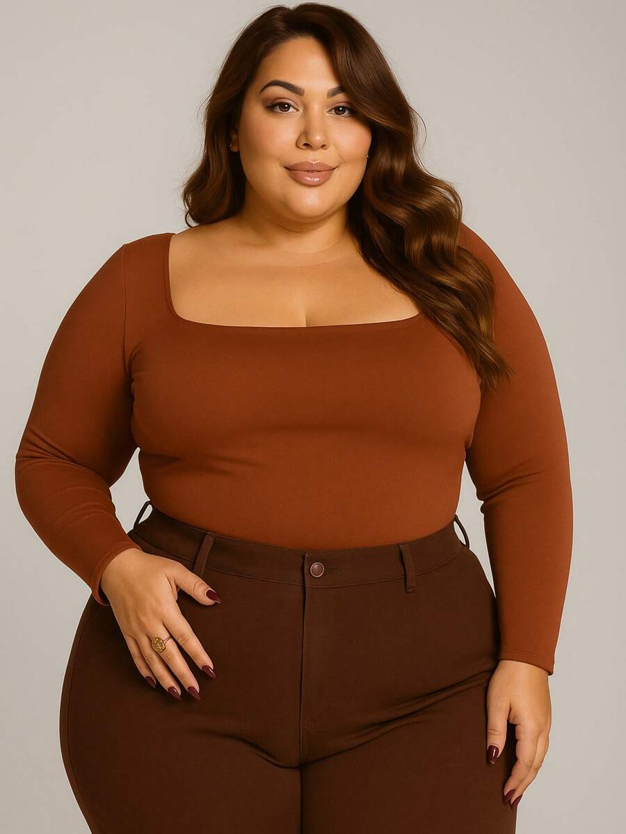 Women's Long Sleeve Square Neckline Suplex Bodysuit Without Pads Autumn Winter Immediate Shipping - 棕色 - 大尺碼 GG - 查看 1