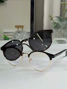 Unisex Clip-On 2 In 1 Round Small Size Polarized Lens Fashion Eyeglasses Frame PZ10200T - Brown - View 4
