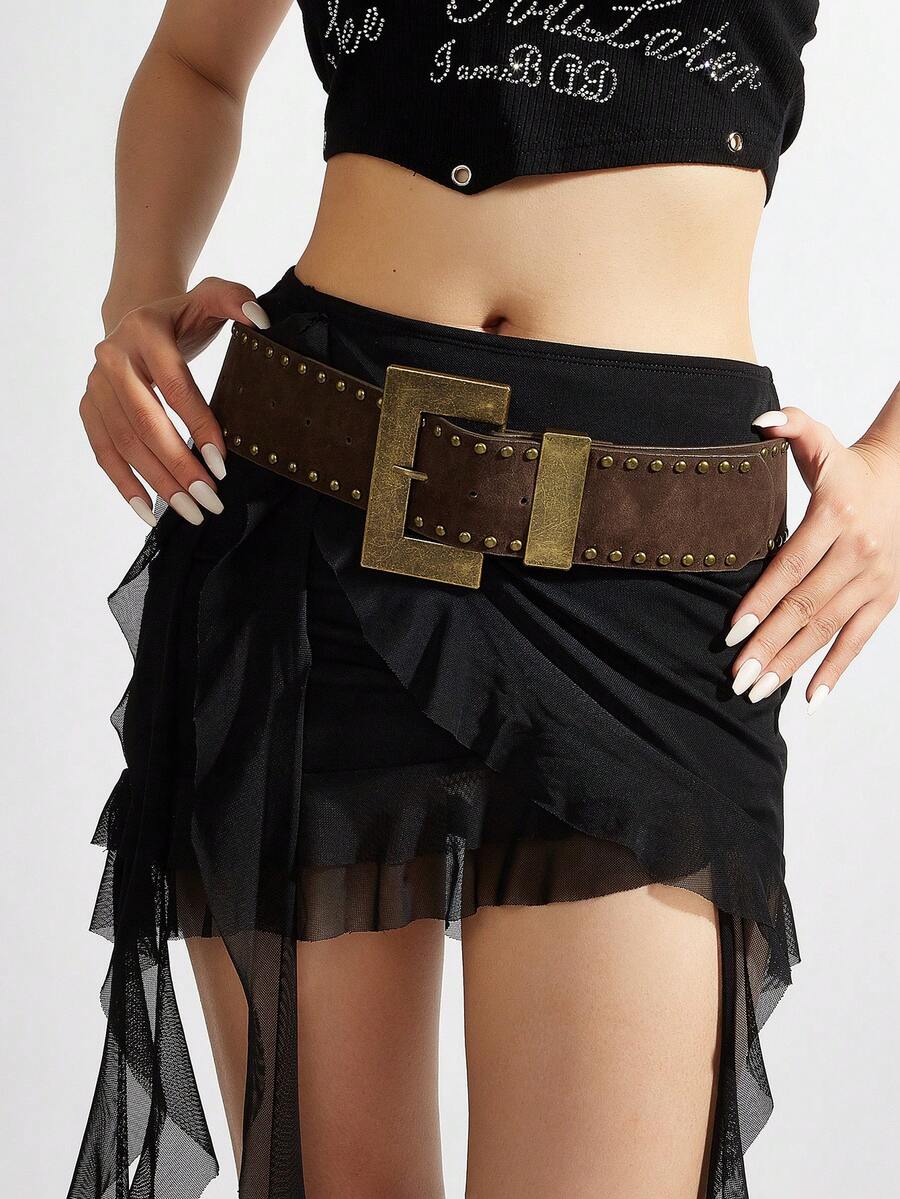 1pc Women's Plain Casual Retro Vintage Palace Style Sexy Party Street Elegant Classy PU Leather Western Style Antiqued Metal Buckle Suede Belt, Suitable For All Seasons Fall, Autumn, Halloween - Coffee - View 1