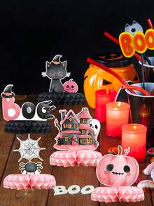 Set de 7 piezas de centro de mesa de panal con diseños adorables de Halloween como calabaza, castillo, fantasma y gato, decoraciones de papel para fiestas, decoraciones para Halloween, decoraciones de fondo para fiestas de Halloween, decoración feliz de Halloween, suministros para fiestas de Halloween, decoración para el hogar, decoración de mesa, decoración de habitación - Rosa - Ver 2