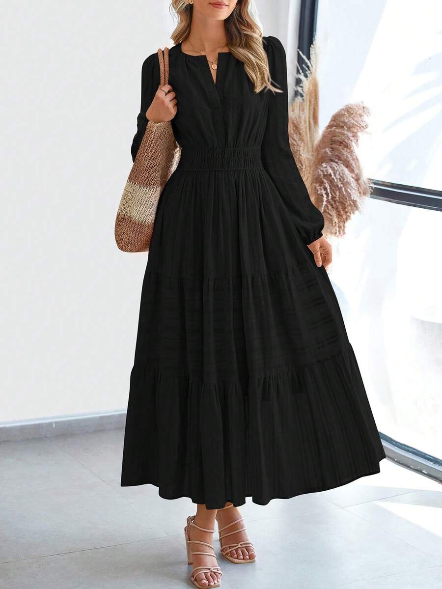 Women Fall Maxi Dresses Long Sleeve High Waist Tiered Flowy A-Line Boho Bohemian Long Dress Beach Holiday Vacation Wedding Guest Valentine Outfit - 黑色 - 查看 1