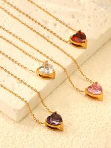 浪漫心形方晶锆石吊坠项链不锈钢女士水滴形饰品情人节礼物 - 金色 - 查看 4