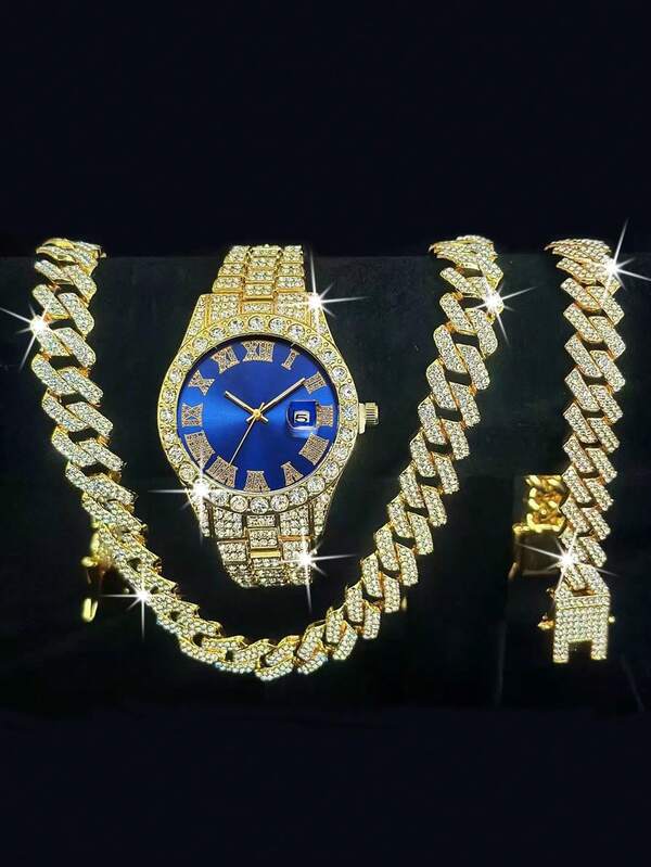 3pcs Set Boys Fashion Street Style Necklace & Bracelet & Quartz Watch With Calendar, Sports & Holiday