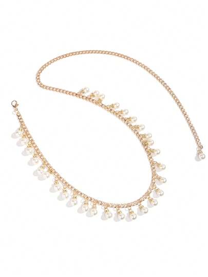 1pc Elegant Metal Waist Chain, Adjustable Tassel Beaded Belt Suitable For Dresses, Pants, Jackets, Ideal For Weddings, Beach, Parties, Daily Wear, Sweet Style